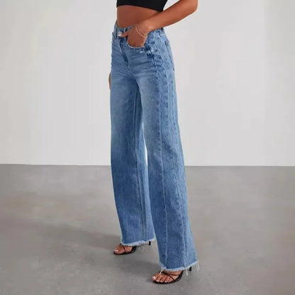 TAMBREET Spring Summer New Women's Clothing Solid Color Loose Wide Leg Side Seam Stitching Frayed Hem Jeans