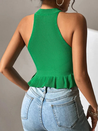 TAMBREET Spring Summer Women Sleeveless Ruffle Hem Crop Knit Top Femme Coquette Casual Knitwear Corset Tank Tops Clothes