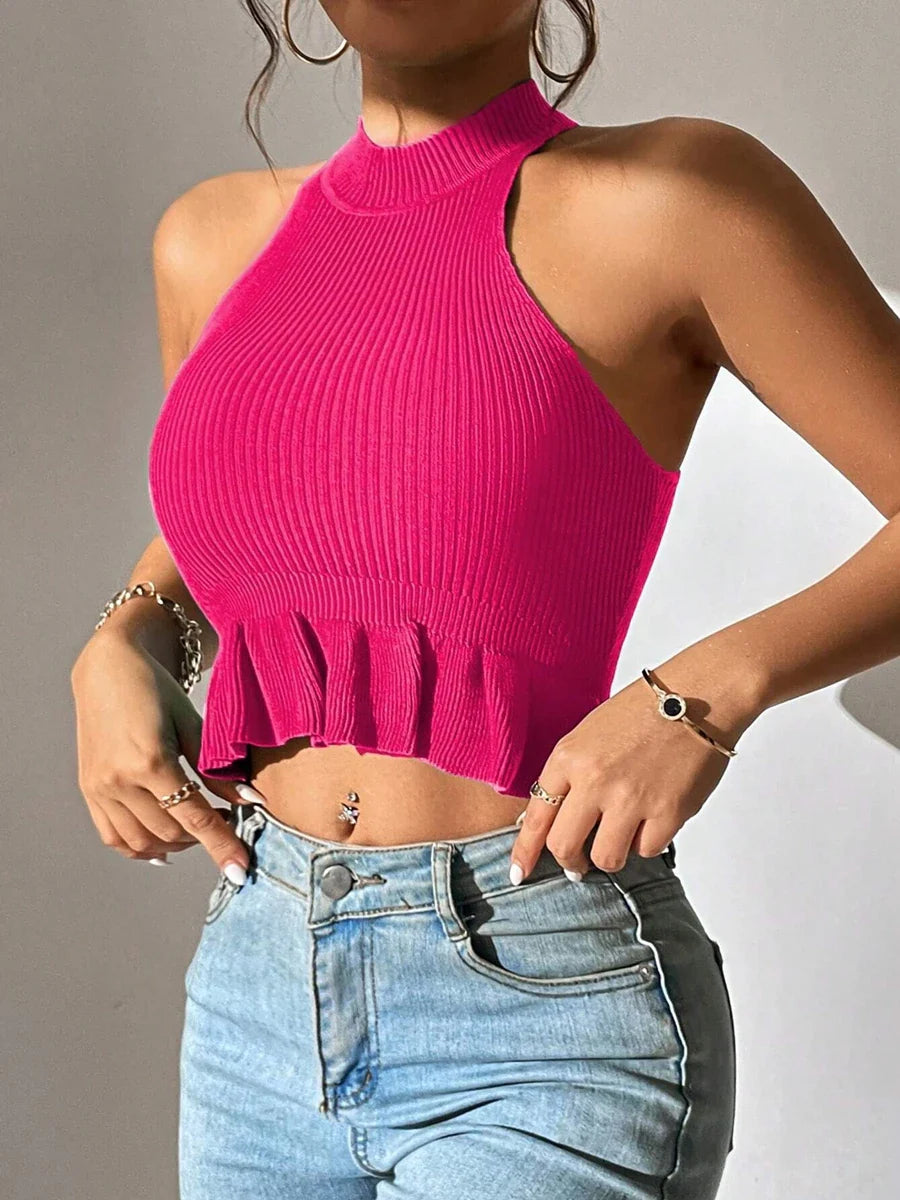 TAMBREET Spring Summer Women Sleeveless Ruffle Hem Crop Knit Top Femme Coquette Casual Knitwear Corset Tank Tops Clothes