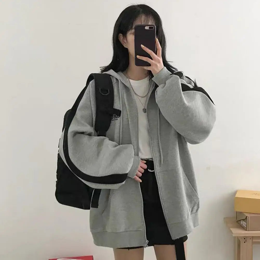 TAMBREET Spring Women Coat Contrast Color Hooded Long Sleeves Zipper Lady Cardigan Keep Warm Elastic Cuff Drawstring Zipper Lady Coat