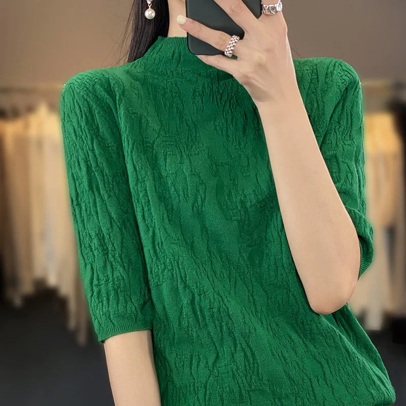 TAMBREET Spring and Summer2024 New Women's Half-high collar Short-Sleeved Exquisite Cashmere Sweater Pullover