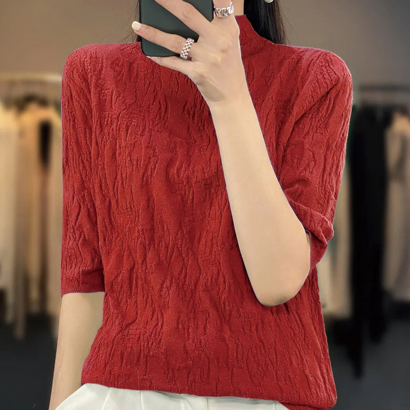 TAMBREET Spring and Summer2024 New Women's Half-high collar Short-Sleeved Exquisite Cashmere Sweater Pullover