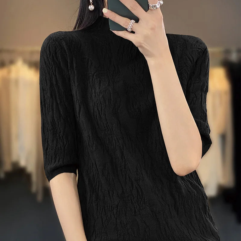 TAMBREET Spring and Summer2024 New Women's Half-high collar Short-Sleeved Exquisite Cashmere Sweater Pullover