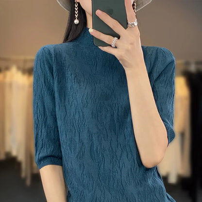 TAMBREET Spring and Summer2024 New Women's Half-high collar Short-Sleeved Exquisite Cashmere Sweater Pullover