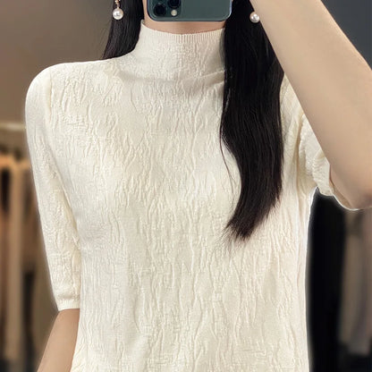 TAMBREET Spring and Summer2024 New Women's Half-high collar Short-Sleeved Exquisite Cashmere Sweater Pullover