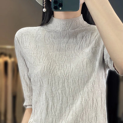 TAMBREET Spring and Summer2024 New Women's Half-high collar Short-Sleeved Exquisite Cashmere Sweater Pullover