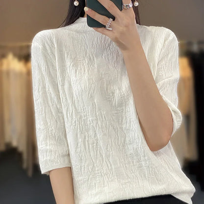 TAMBREET Spring and Summer2024 New Women's Half-high collar Short-Sleeved Exquisite Cashmere Sweater Pullover