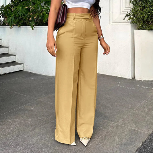 TAMBREET Stigende Casual Wide Leg Straight Pants Women Plain Color Bodycon Pocket Office Pants Female Loose Fit Midi Waist Trousers