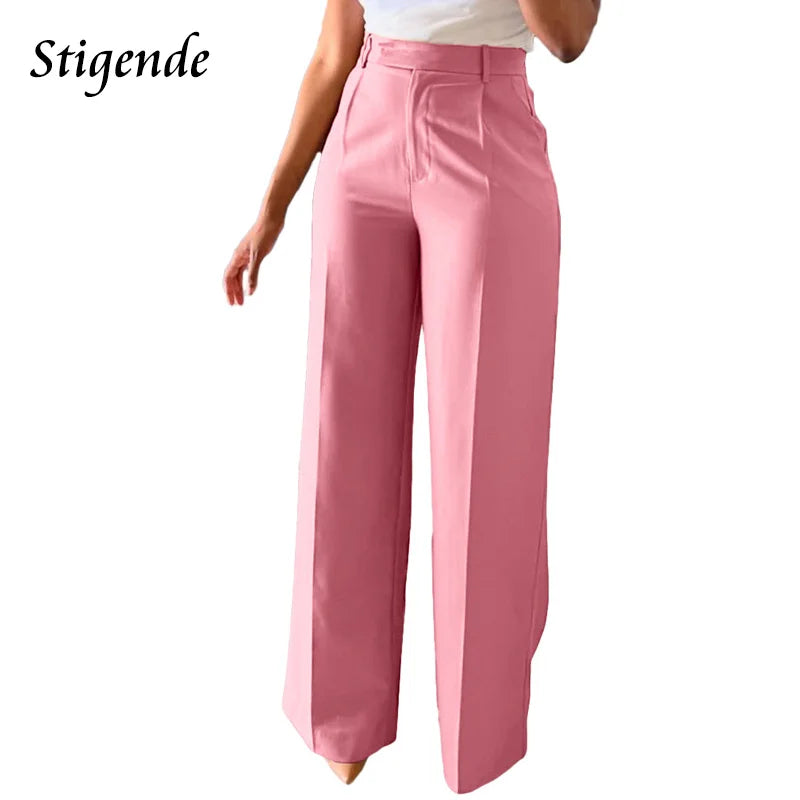 TAMBREET Stigende Casual Wide Leg Straight Pants Women Plain Color Bodycon Pocket Office Pants Female Loose Fit Midi Waist Trousers