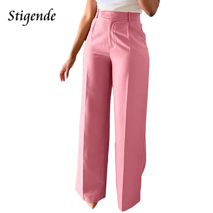 TAMBREET Stigende Casual Wide Leg Straight Pants Women Plain Color Bodycon Pocket Office Pants Female Loose Fit Midi Waist Trousers