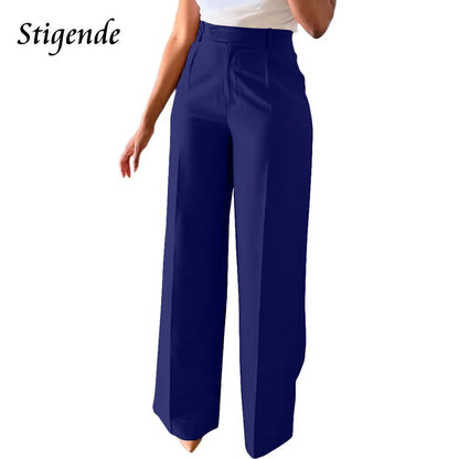 TAMBREET Stigende Casual Wide Leg Straight Pants Women Plain Color Bodycon Pocket Office Pants Female Loose Fit Midi Waist Trousers