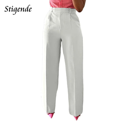 TAMBREET Stigende Casual Wide Leg Straight Pants Women Plain Color Bodycon Pocket Office Pants Female Loose Fit Midi Waist Trousers