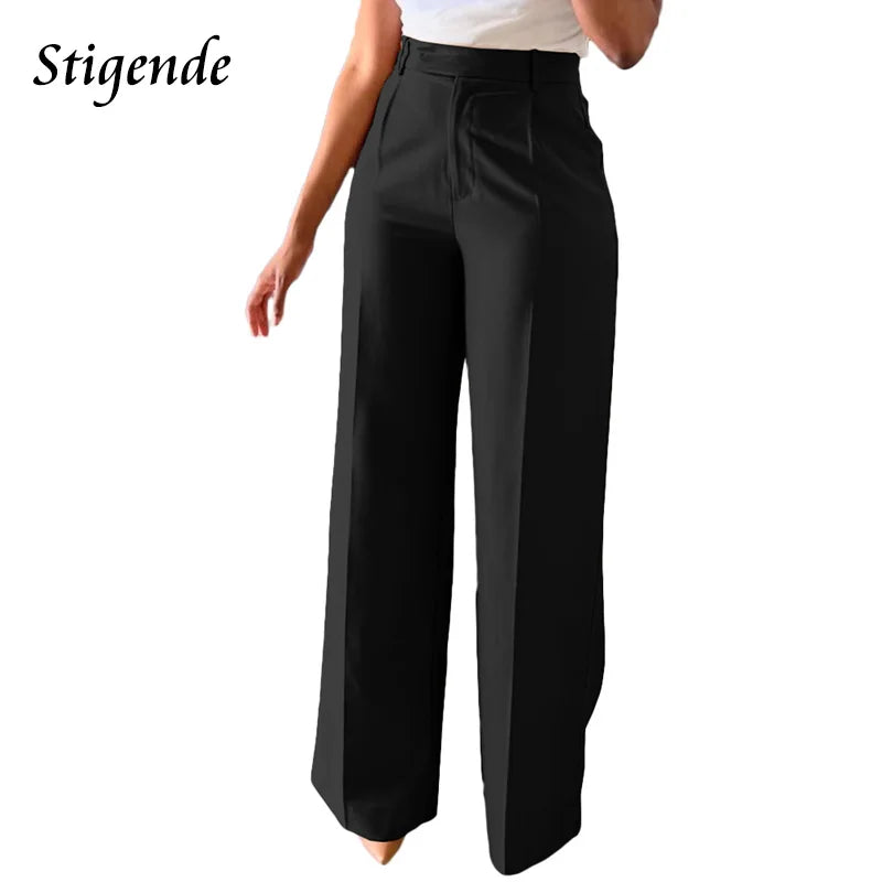 TAMBREET Stigende Casual Wide Leg Straight Pants Women Plain Color Bodycon Pocket Office Pants Female Loose Fit Midi Waist Trousers