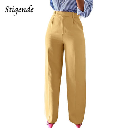 TAMBREET Stigende Casual Wide Leg Straight Pants Women Plain Color Bodycon Pocket Office Pants Female Loose Fit Midi Waist Trousers