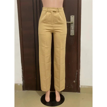 TAMBREET Stigende Casual Wide Leg Straight Pants Women Plain Color Bodycon Pocket Office Pants Female Loose Fit Midi Waist Trousers