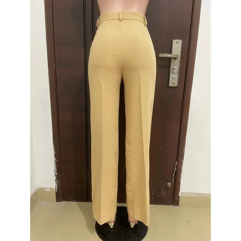 TAMBREET Stigende Casual Wide Leg Straight Pants Women Plain Color Bodycon Pocket Office Pants Female Loose Fit Midi Waist Trousers