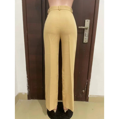 TAMBREET Stigende Casual Wide Leg Straight Pants Women Plain Color Bodycon Pocket Office Pants Female Loose Fit Midi Waist Trousers