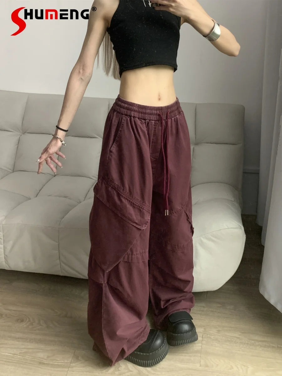 TAMBREET Street Hiphop Girl Washed Distressed Overalls Baggy 2024 Spring New Loose Elastic High Waist Trousers Female Wide Leg Pants