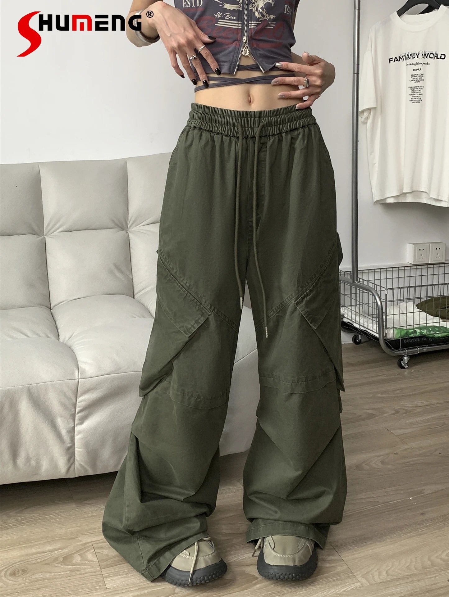 TAMBREET Street Hiphop Girl Washed Distressed Overalls Baggy 2024 Spring New Loose Elastic High Waist Trousers Female Wide Leg Pants