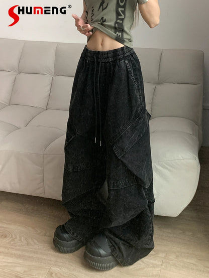 TAMBREET Street Hiphop Girl Washed Distressed Overalls Baggy 2024 Spring New Loose Elastic High Waist Trousers Female Wide Leg Pants