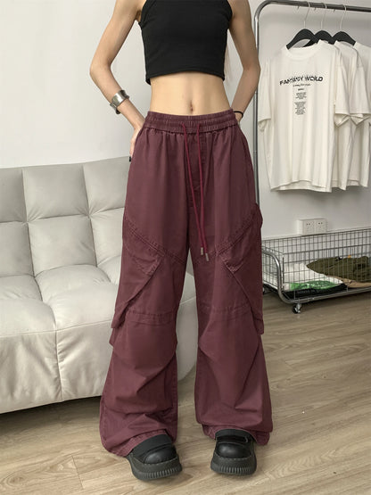 TAMBREET Street Hiphop Girl Washed Distressed Overalls Baggy 2024 Spring New Loose Elastic High Waist Trousers Female Wide Leg Pants