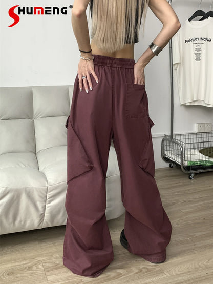 TAMBREET Street Hiphop Girl Washed Distressed Overalls Baggy 2024 Spring New Loose Elastic High Waist Trousers Female Wide Leg Pants