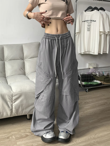 TAMBREET Street Hiphop Girl Washed Distressed Overalls Baggy 2024 Spring New Loose Elastic High Waist Trousers Female Wide Leg Pants