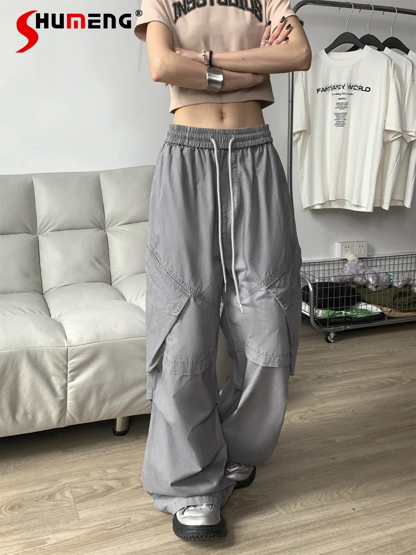 TAMBREET Street Hiphop Girl Washed Distressed Overalls Baggy 2024 Spring New Loose Elastic High Waist Trousers Female Wide Leg Pants