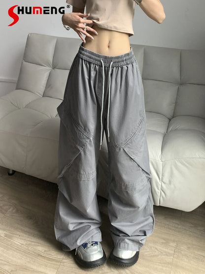 TAMBREET Street Hiphop Girl Washed Distressed Overalls Baggy 2024 Spring New Loose Elastic High Waist Trousers Female Wide Leg Pants