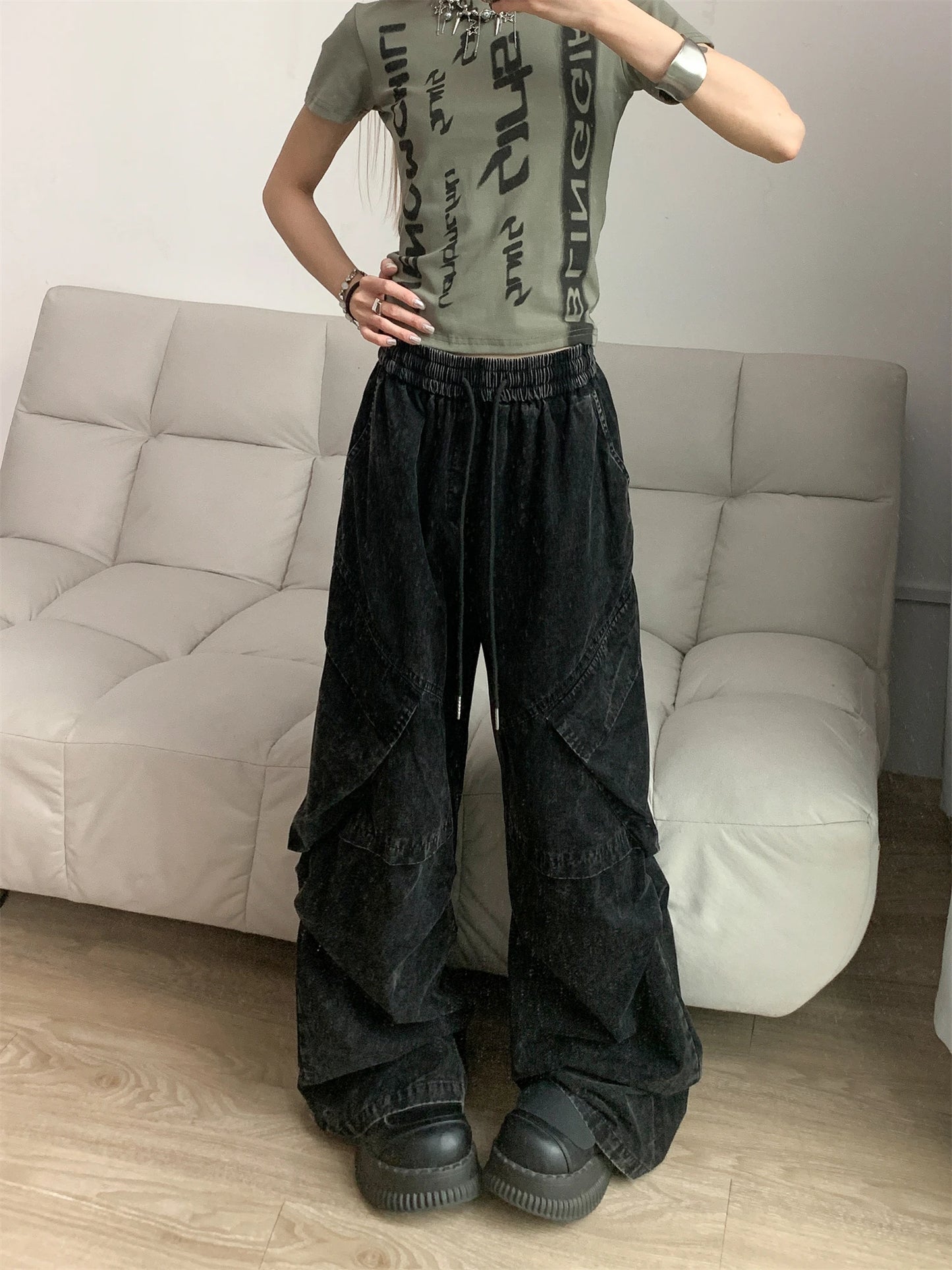 TAMBREET Street Hiphop Girl Washed Distressed Overalls Baggy 2024 Spring New Loose Elastic High Waist Trousers Female Wide Leg Pants