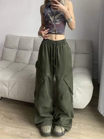 TAMBREET Street Hiphop Girl Washed Distressed Overalls Baggy 2024 Spring New Loose Elastic High Waist Trousers Female Wide Leg Pants