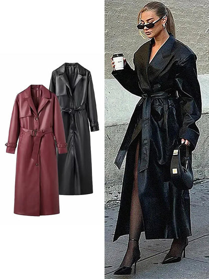 TAMBREET Street Leather Long Jackets Women Loose Lapel Single Breasted Belt Pu Coats Female 2024 Autumn Long Sleeves Solid Outwears Lady