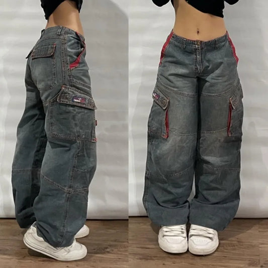 TAMBREET Street Vintage Jeans New Y2K Harajuku Wash Blue Multiple pockets Baggy Jeans Denim Pants Mens Womens High Waist Wide Trousers