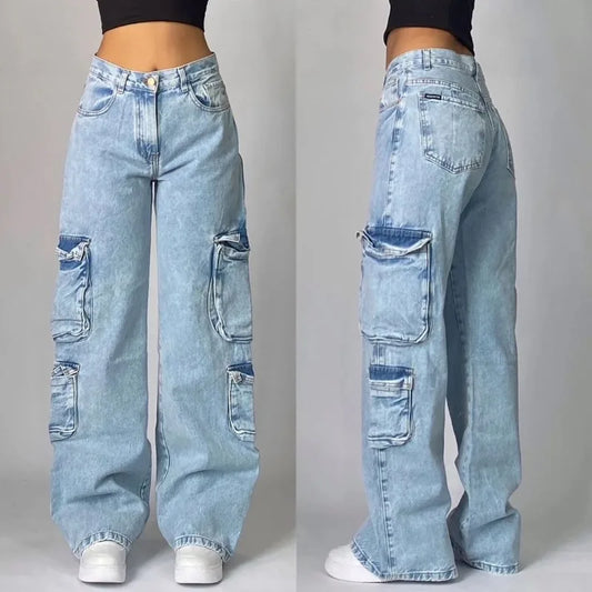 TAMBREET Streetwear American New Washed Light Blue Baggy Jeans Men And Women Y2K High Street Fashion Retro Punk High Waist Wide Trousers