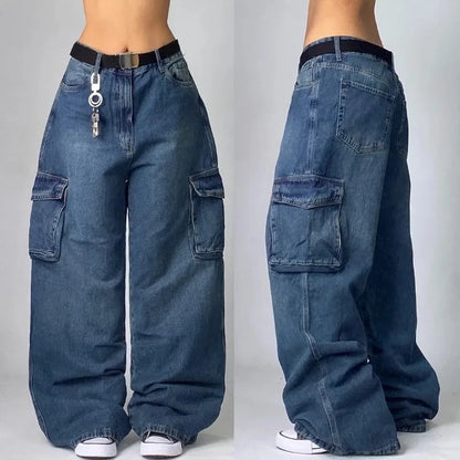 TAMBREET Streetwear American New Washed Light Blue Baggy Jeans Men And Women Y2K High Street Fashion Retro Punk High Waist Wide Trousers