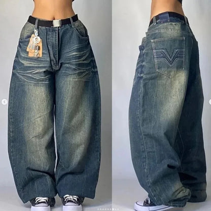 TAMBREET Streetwear American New Washed Light Blue Baggy Jeans Men And Women Y2K High Street Fashion Retro Punk High Waist Wide Trousers