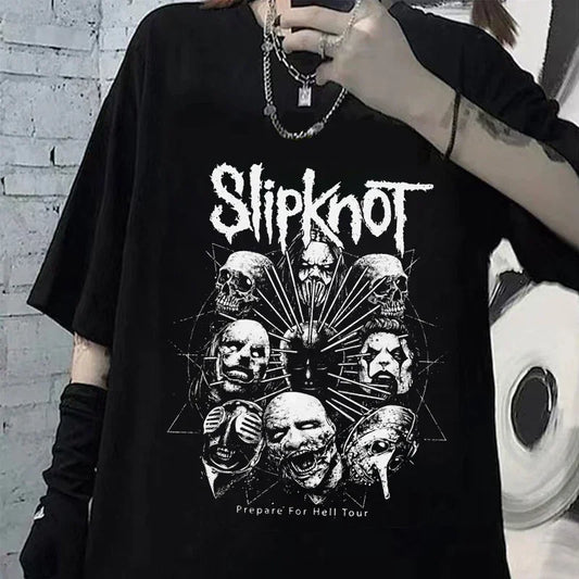 TAMBREET Streetwear Graphic Women T-shirt T Shirts Slipknots for Men Female Heavy Metal Tops Prepare for Hell Tour Y2k T-shirt Vintage