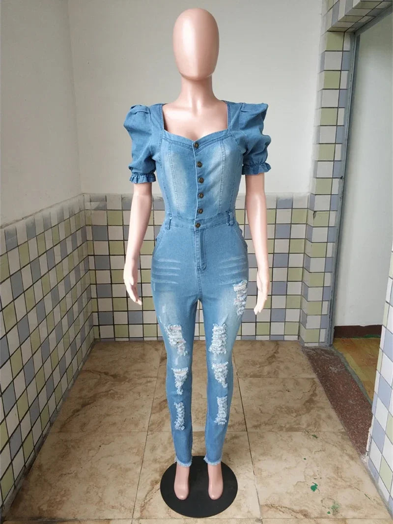 TAMBREET Streetwear Jeans Jumpsuits Fall Clothes 2024 Women Short Sleeve Button Up Denim Rompers Playsuits One Pieces Set Overalls Outfit