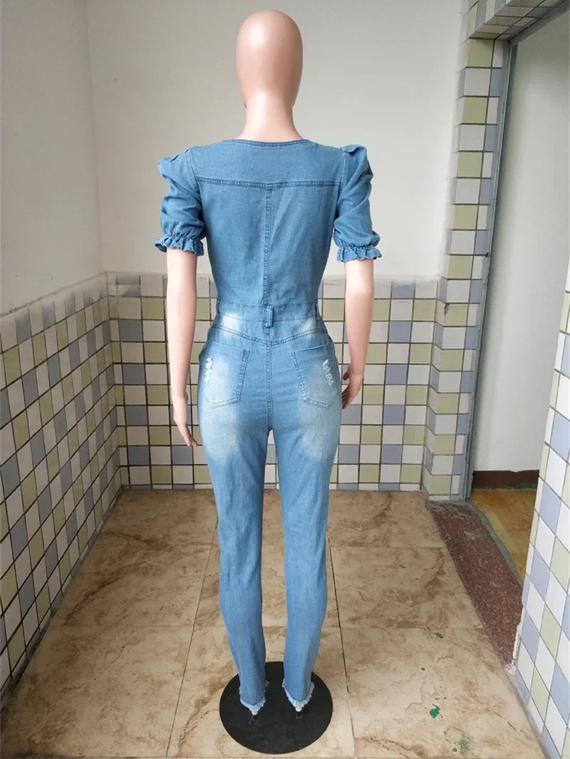 TAMBREET Streetwear Jeans Jumpsuits Fall Clothes 2024 Women Short Sleeve Button Up Denim Rompers Playsuits One Pieces Set Overalls Outfit