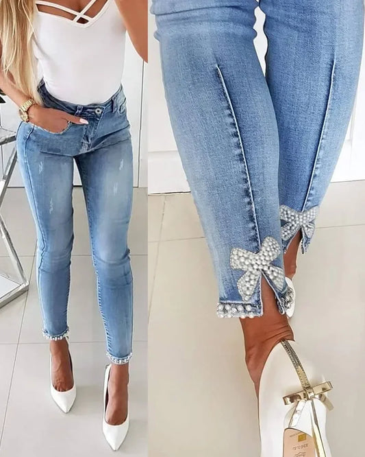 TAMBREET Streetwear Women's Jeans Slim Butterfly Sticky Flower Beaded Denim Pencil Pants Fashion Sexy Skinny Hip Lift Trousers