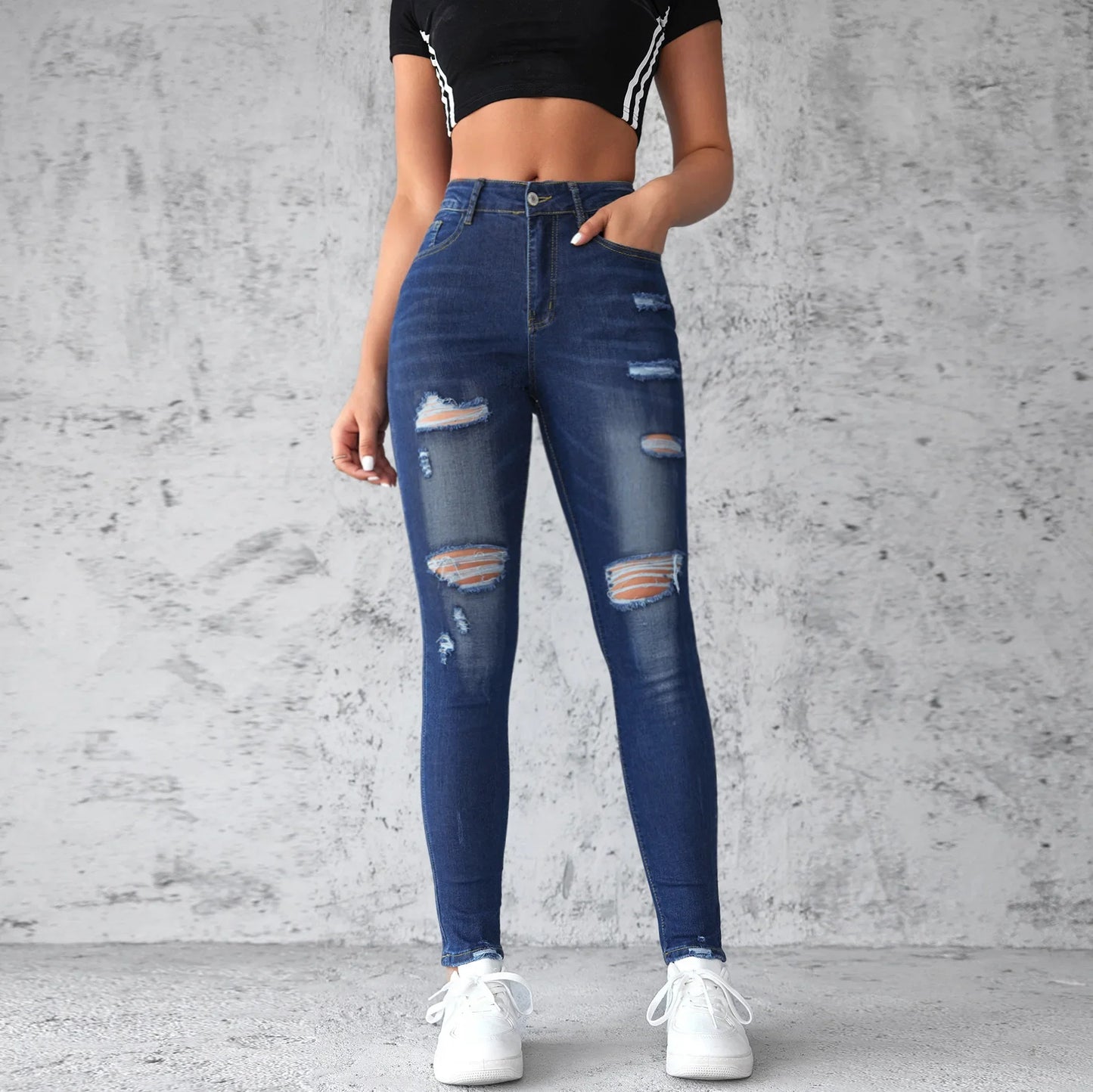 TAMBREET Stretch Ripped Small Feet Jeans Women's Spring and Summer New Slim-fit Hip Lift High-waisted Washed Jeans Frayed Denim Pants