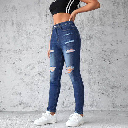 TAMBREET Stretch Ripped Small Feet Jeans Women's Spring and Summer New Slim-fit Hip Lift High-waisted Washed Jeans Frayed Denim Pants