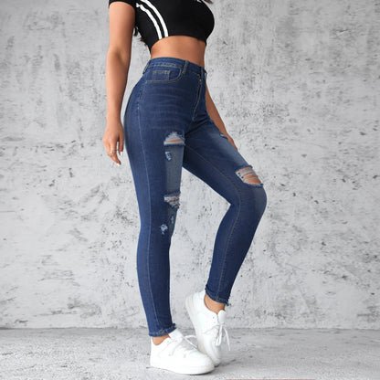 TAMBREET Stretch Ripped Small Feet Jeans Women's Spring and Summer New Slim-fit Hip Lift High-waisted Washed Jeans Frayed Denim Pants