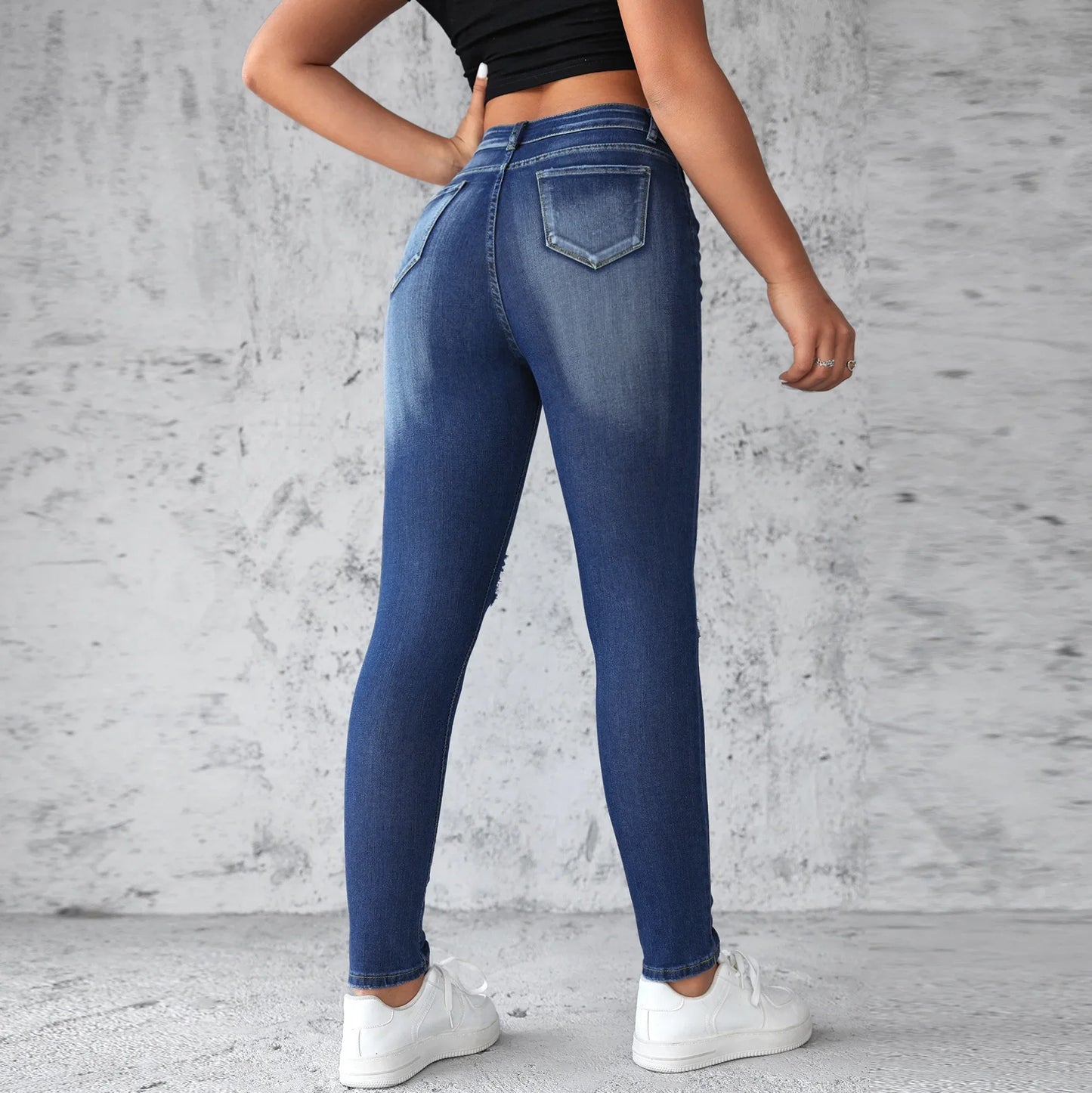 TAMBREET Stretch Ripped Small Feet Jeans Women's Spring and Summer New Slim-fit Hip Lift High-waisted Washed Jeans Frayed Denim Pants