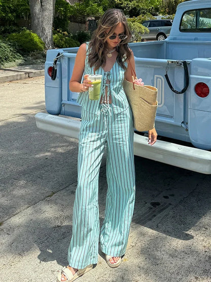 TAMBREET Stripe Lace Up Vest Trouser Suit Women Beach Sleeveless V-neck  Waistcoat High Waist Wide Leg Pants 2024 Summer Lady Set