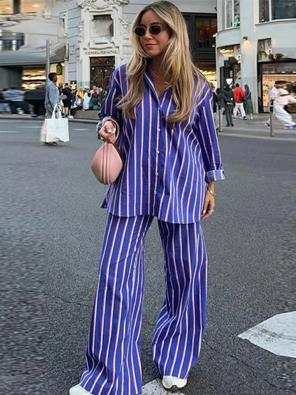 TAMBREET Striped Shirt Pants Set Women Casual Lapel Blouses Elastic Waist Pocket Straight Leg Trousers Female Sets 2024 Fashion Outfit