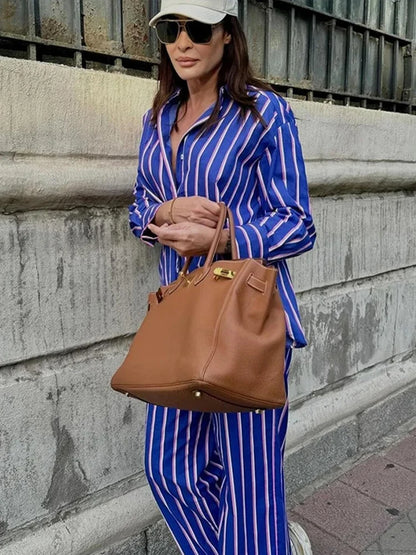 TAMBREET Striped Shirt Pants Set Women Casual Lapel Blouses Elastic Waist Pocket Straight Leg Trousers Female Sets 2024 Fashion Outfit