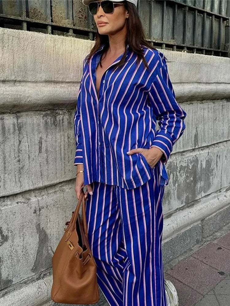 TAMBREET Striped Shirt Pants Set Women Casual Lapel Blouses Elastic Waist Pocket Straight Leg Trousers Female Sets 2024 Fashion Outfit