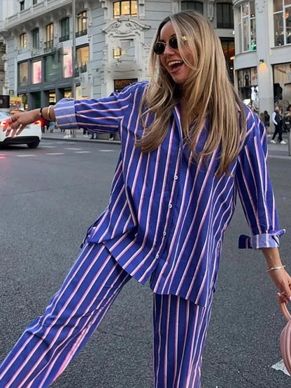 TAMBREET Striped Shirt Pants Set Women Casual Lapel Blouses Elastic Waist Pocket Straight Leg Trousers Female Sets 2024 Fashion Outfit