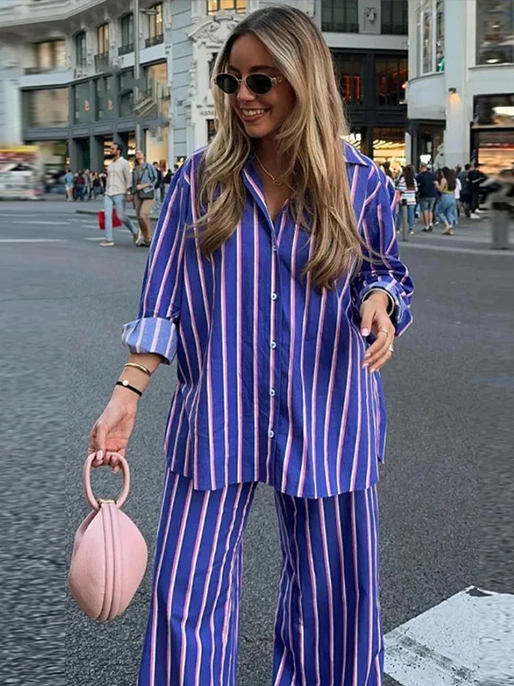 TAMBREET Striped Shirt Pants Set Women Casual Lapel Blouses Elastic Waist Pocket Straight Leg Trousers Female Sets 2024 Fashion Outfit